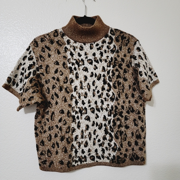 Lisa Originals Animal Print Gold Black Cream Beaded Knitted Blouse Top Sz L - Picture 2 of 14